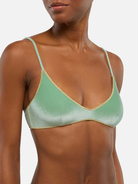 Naomi, frecher Badeslip aus Salbeigrün mit goldener Paspelierung – Paloma, Salbeigrüner Samt-U-Bralette