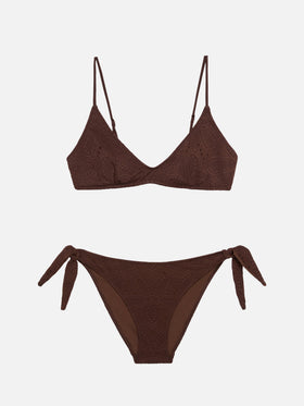 Bikini bralette escotado Paloma Yali en encaje sangallo marrón 