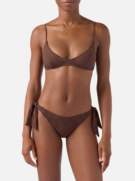 Bikini bralette escotado Paloma Yali en encaje sangallo marrón 