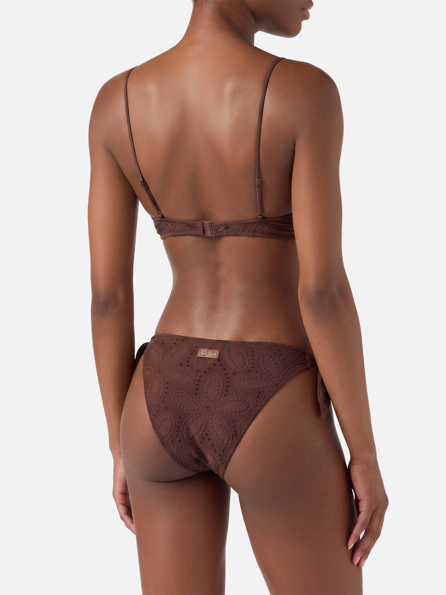 Bikini bralette escotado Paloma Yali en encaje sangallo marrón 
