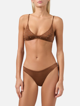 Paloma Naomi plunging bralette bikini in brown with rhinestone embellishments