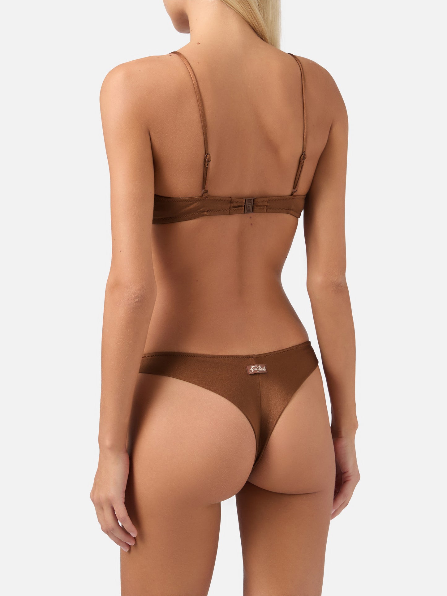 Paloma Naomi plunging bralette bikini in brown with rhinestone embellishments