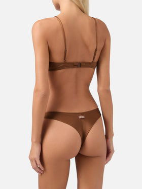 Paloma Naomi plunging bralette bikini in brown with rhinestone embellishments