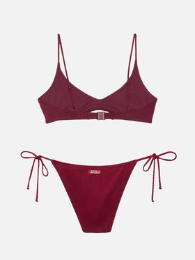 Virgo burgundy classic swim briefs with rhinestone embellishment                                                       - Paloma burgundy scoop bralette with rhinestone embellishment