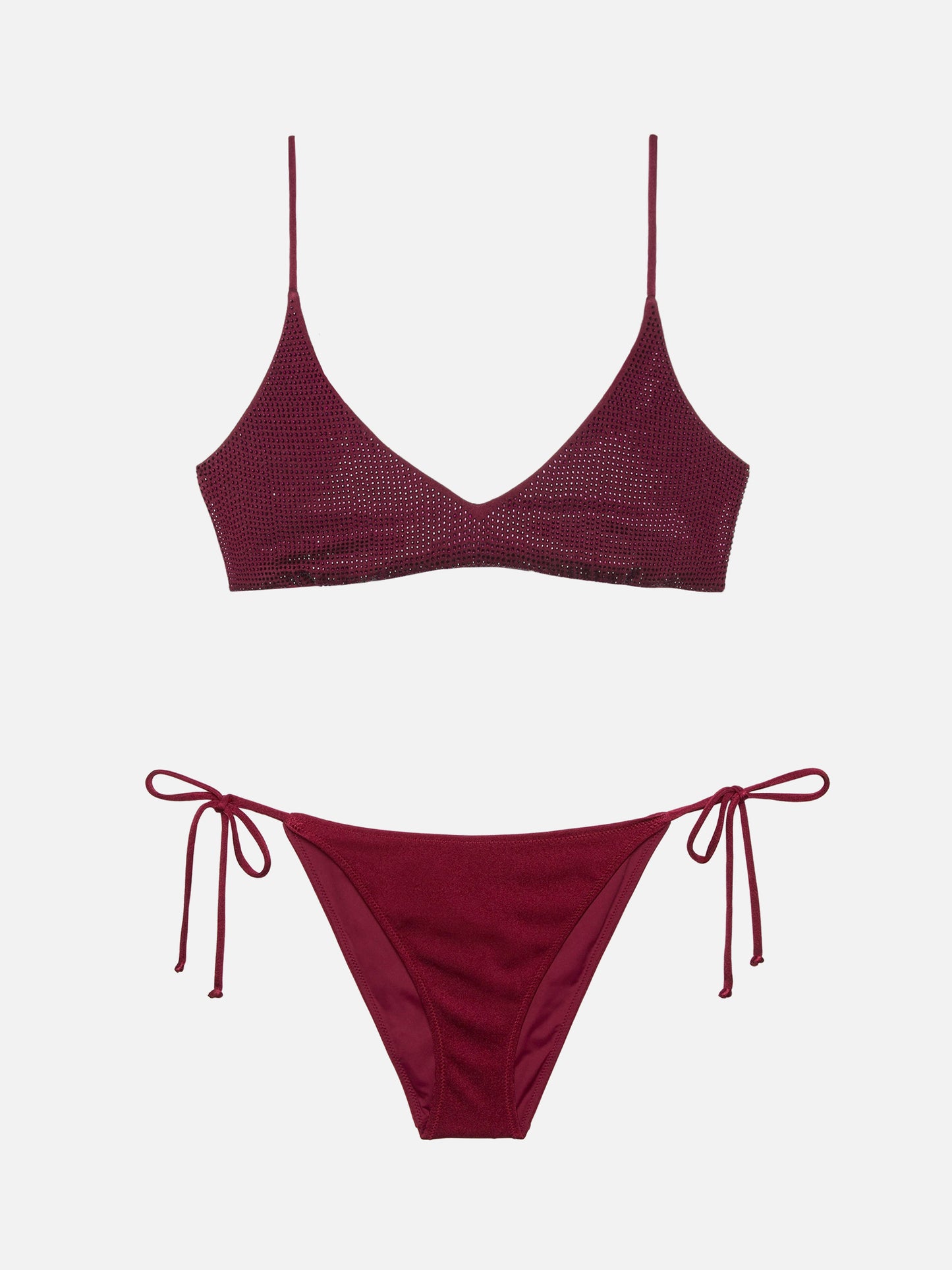 Virgo burgundy classic swim briefs with rhinestone embellishment                                                       - Paloma burgundy scoop bralette with rhinestone embellishment