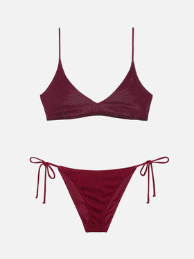 Virgo burgundy classic swim briefs with rhinestone embellishment                                                       - Paloma burgundy scoop bralette with rhinestone embellishment