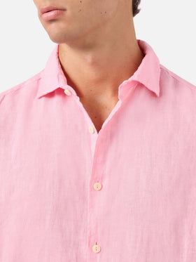 Camicia Pamplona in lino rosa tinta unita