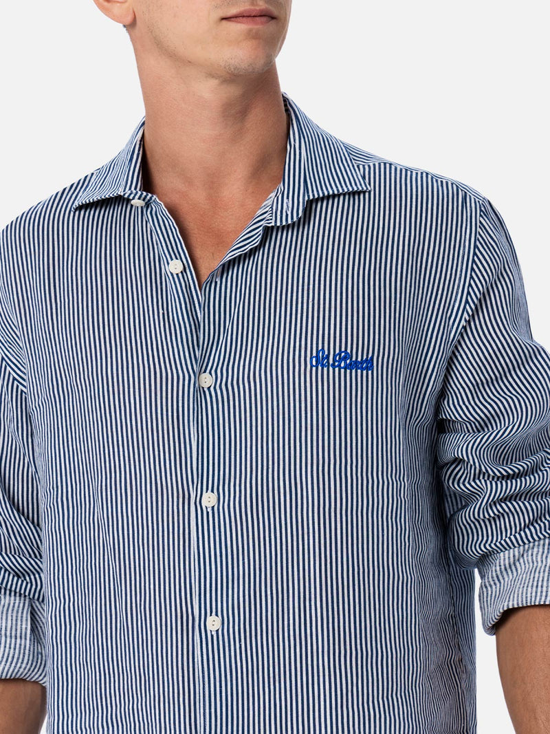 Man navy blue striped linen shirt Pamplona