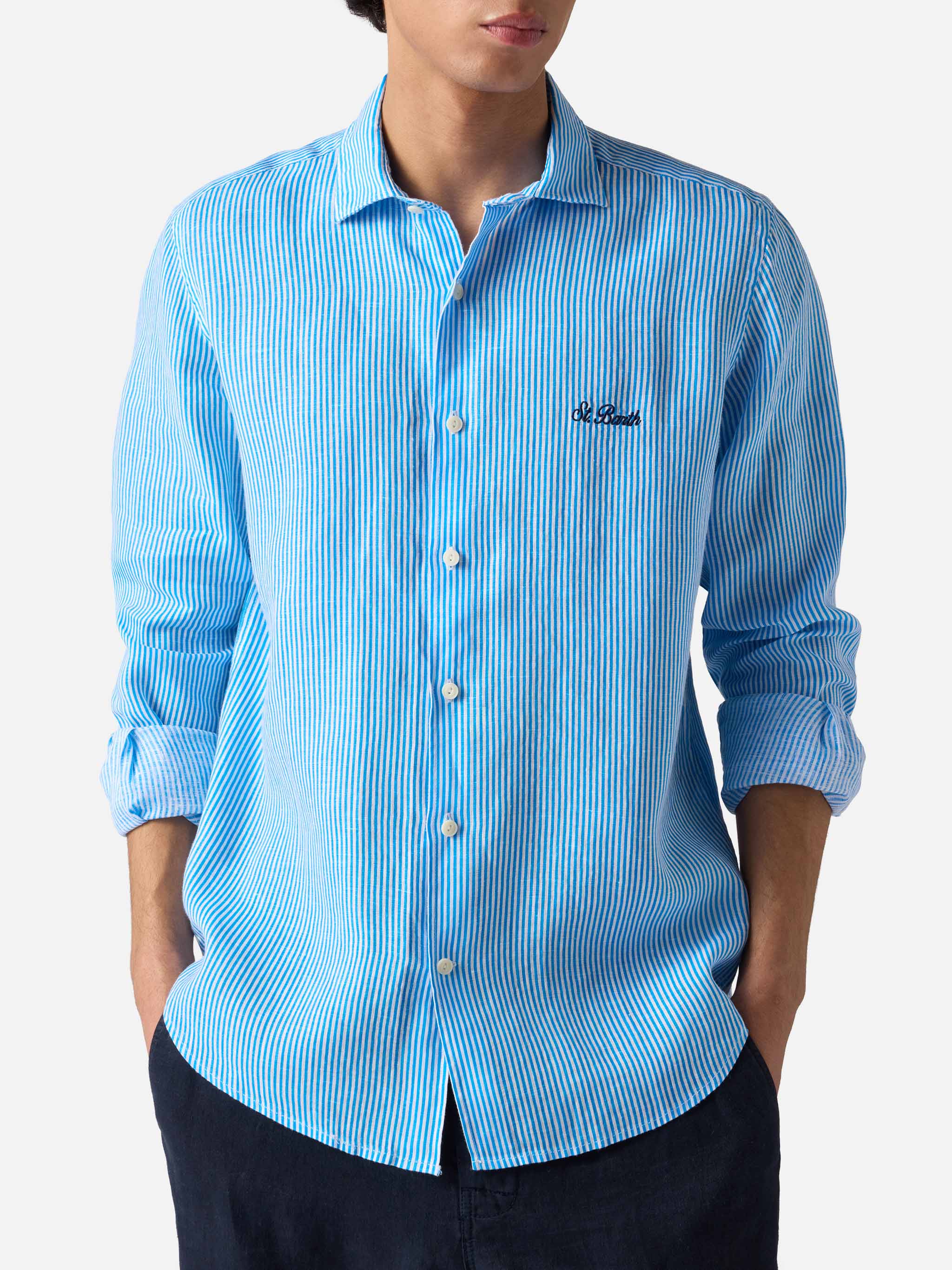 Man Turquoise Striped Linen Shirt Pamplona | Classic Design