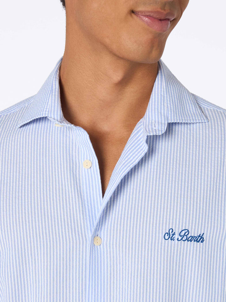 Man seersucker cotton shirt Pamplona with light blue stripes - MC2 Saint Barth