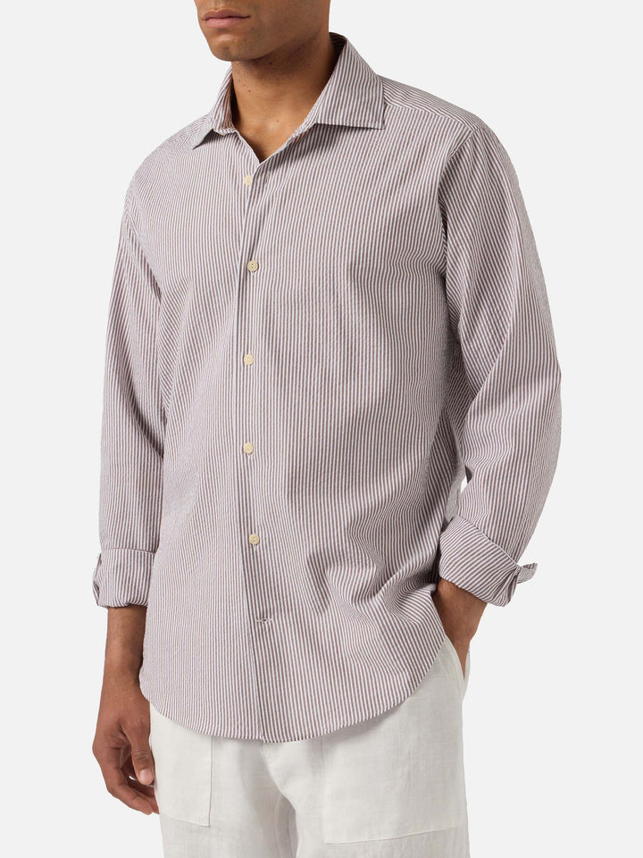Brown striped Pamplona shirt in seersucker