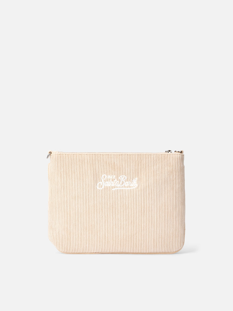 Pouch Parisienne in velluto a coste beige con catena