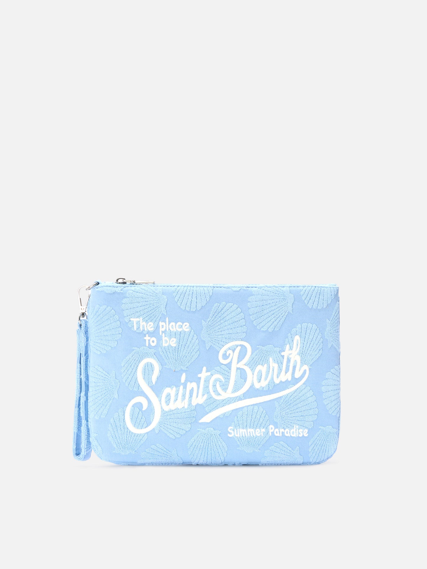 Parisienne Sponge terry-effect pouch with embossed shell pattern and removable strap
