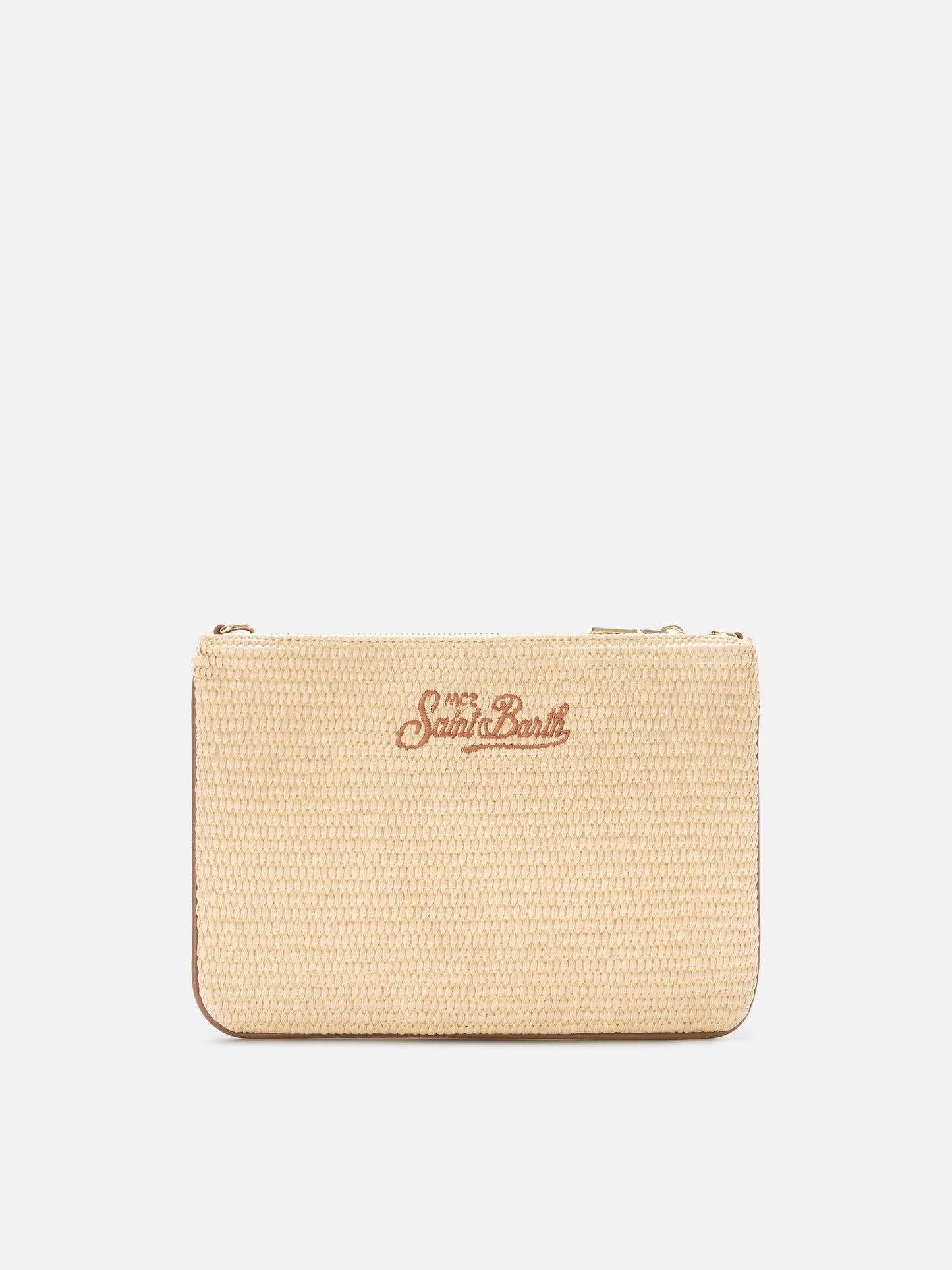Parisienne solid color pouch with embroidered brown logo and removable strap