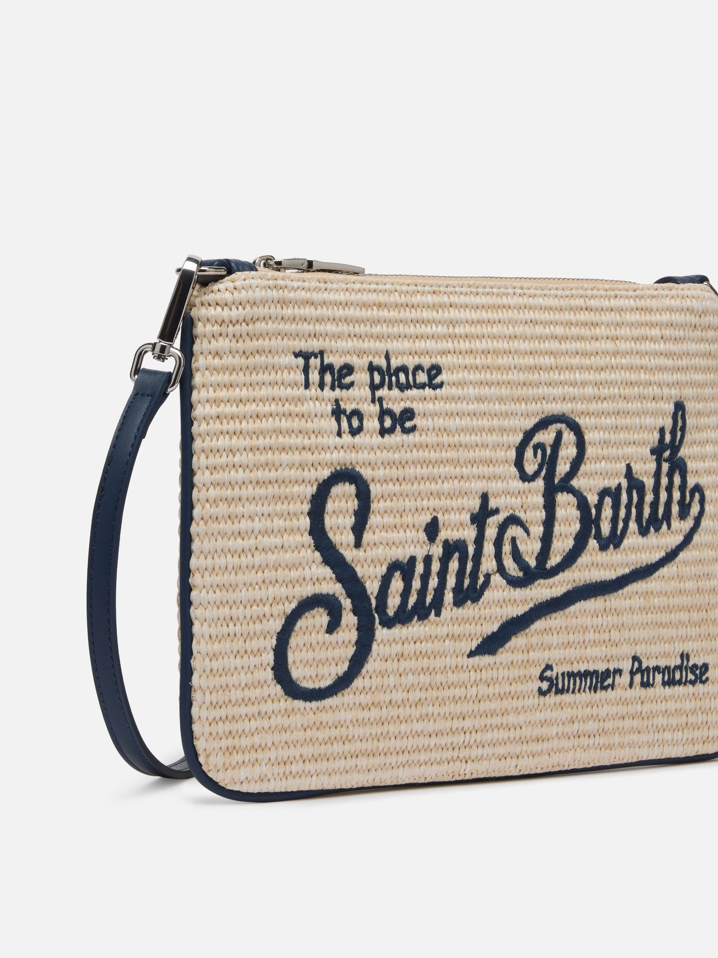 Parisienne Straw effect pouch bag with embroidered logo