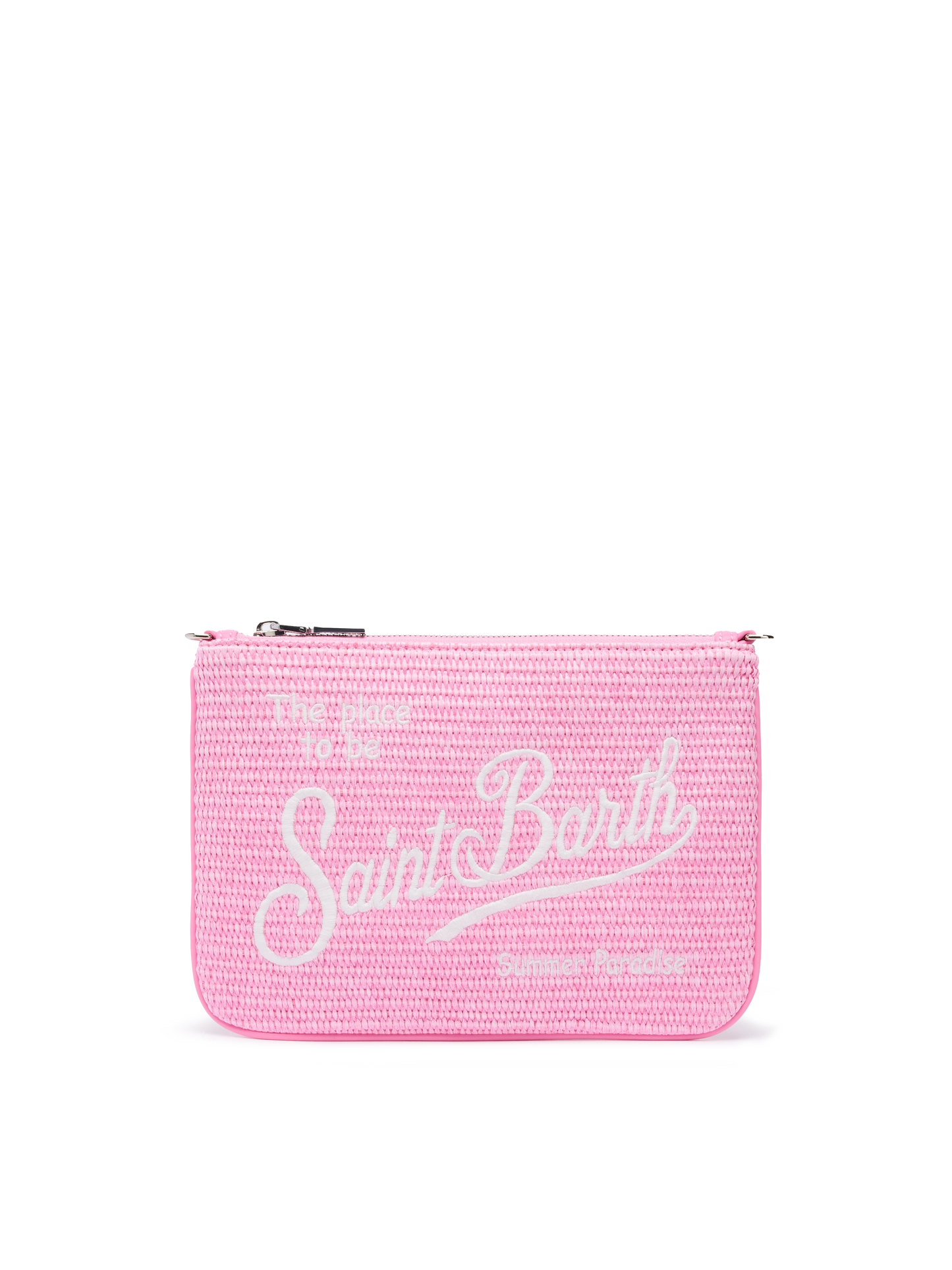 Parisienne straw effect pouch in pink with embroidered logo and removable strap