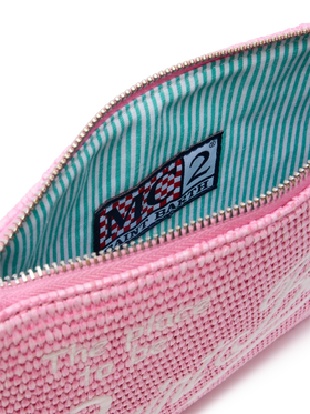 Parisienne straw effect pouch in pink with embroidered logo and removable strap
