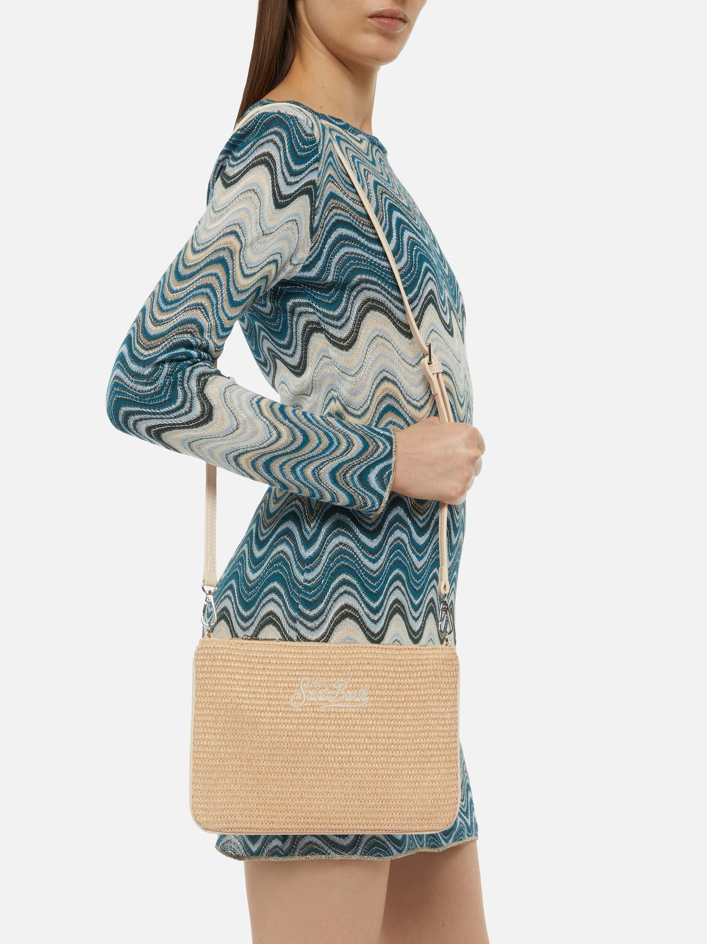 Parisienne Straw effect pouch bag with embroidered logo
