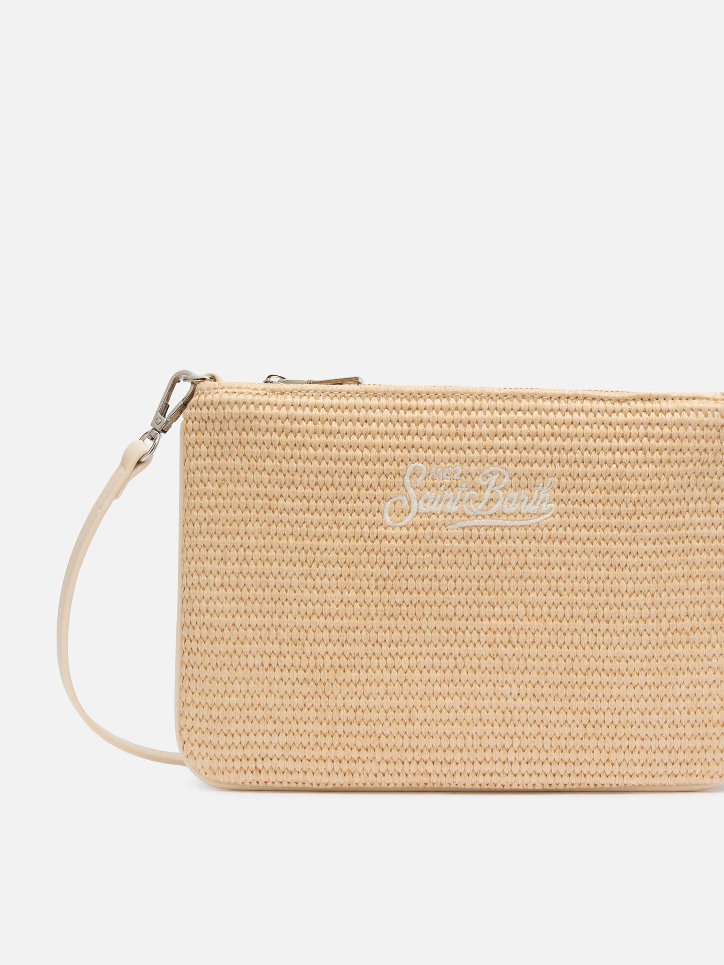 Parisienne Straw effect pouch bag with embroidered logo