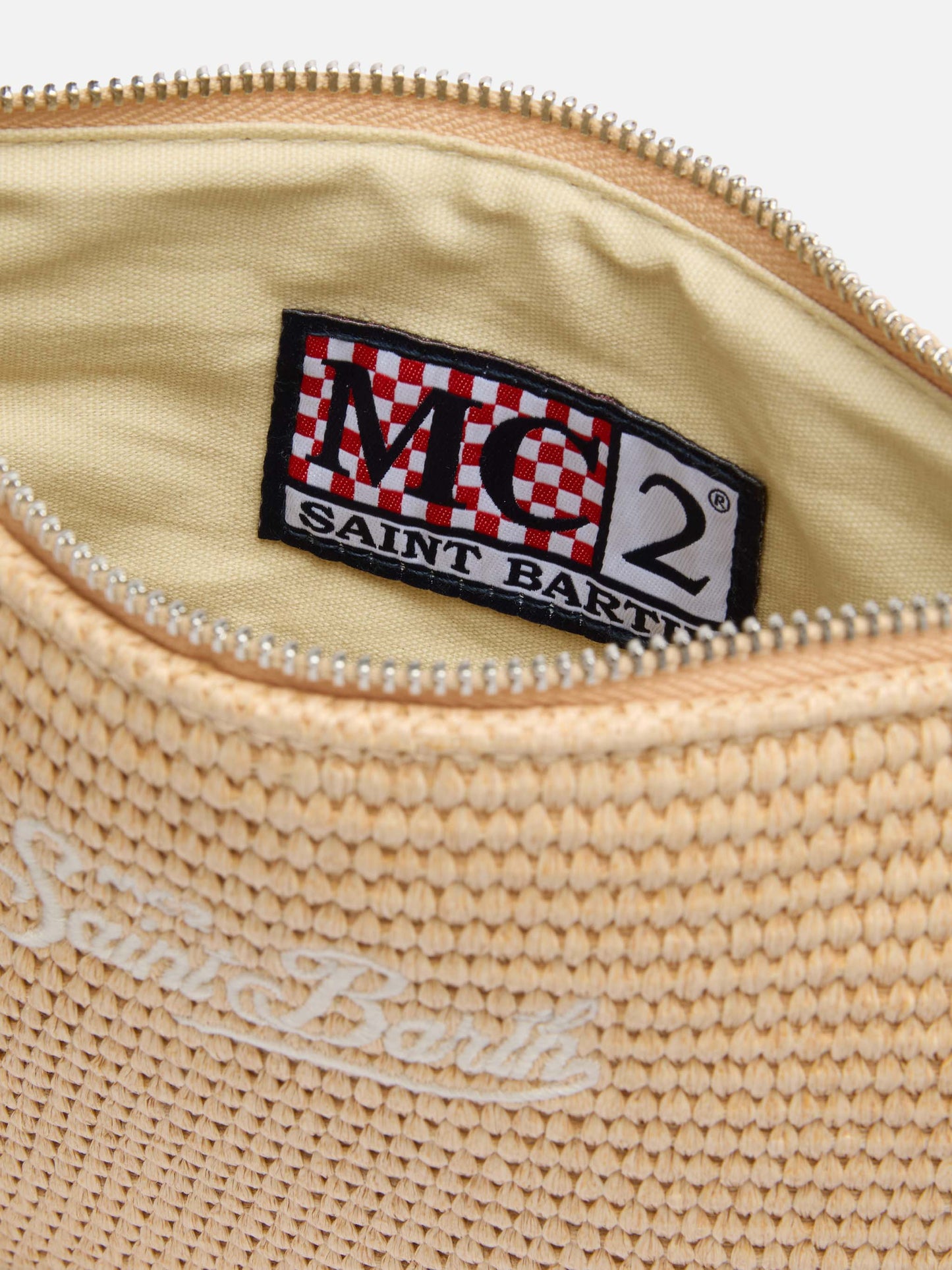 Parisienne Straw effect pouch bag with embroidered logo