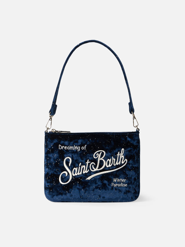 Navy blue velvet pouch Parisienne with handle