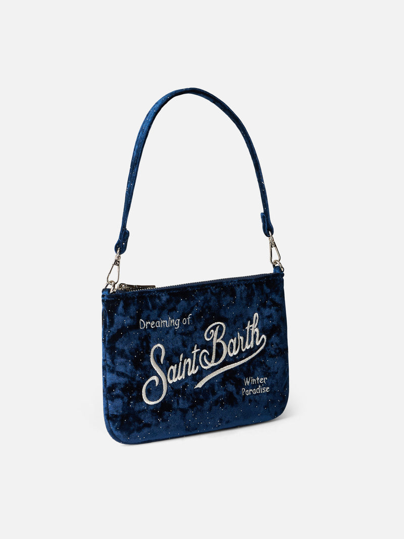 Navy blue velvet pouch Parisienne with handle