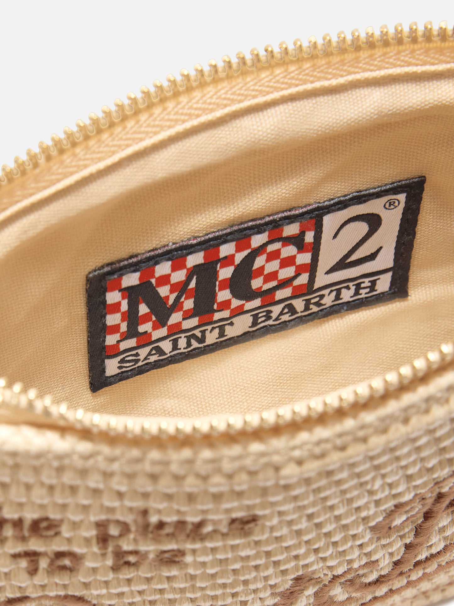 Mini Parisienne straw-effect pouch with brown logo embroidery
