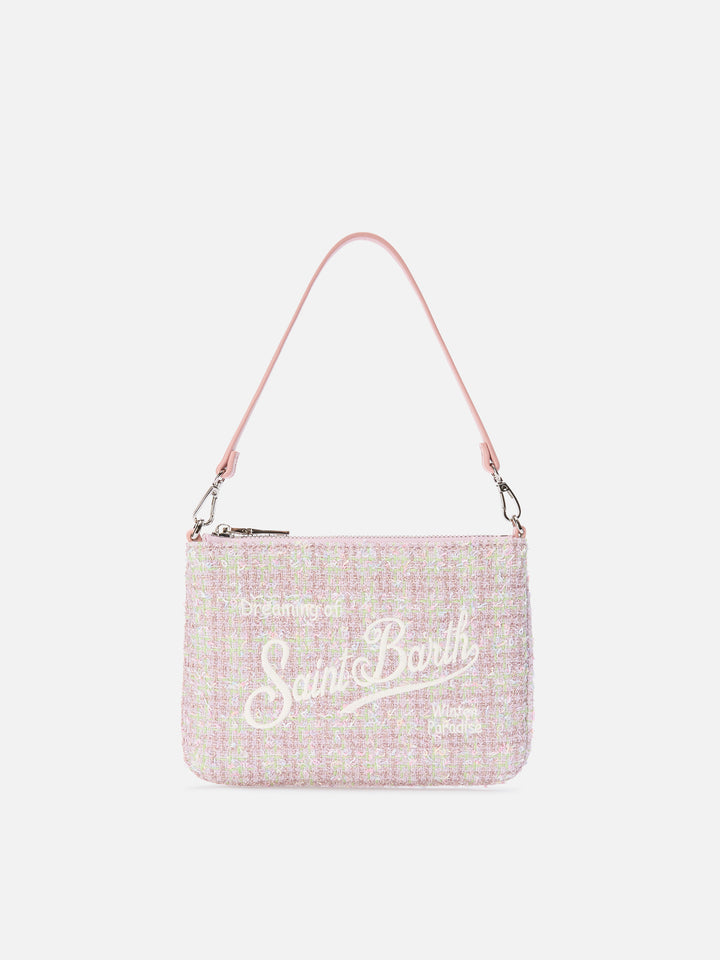 Pink Mini Parisienne tweed shoulder bag with logo embroidery