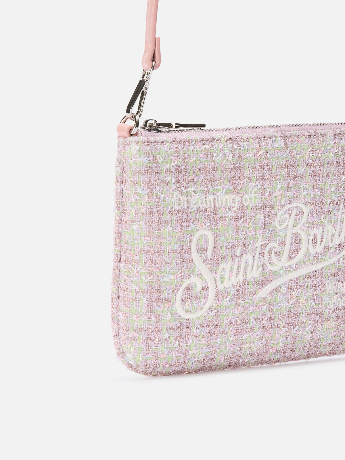 Borsa a spalla Mini Parisienne rosa in tweed con ricamo logo