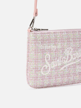 Borsa a spalla Mini Parisienne rosa in tweed con ricamo logo
