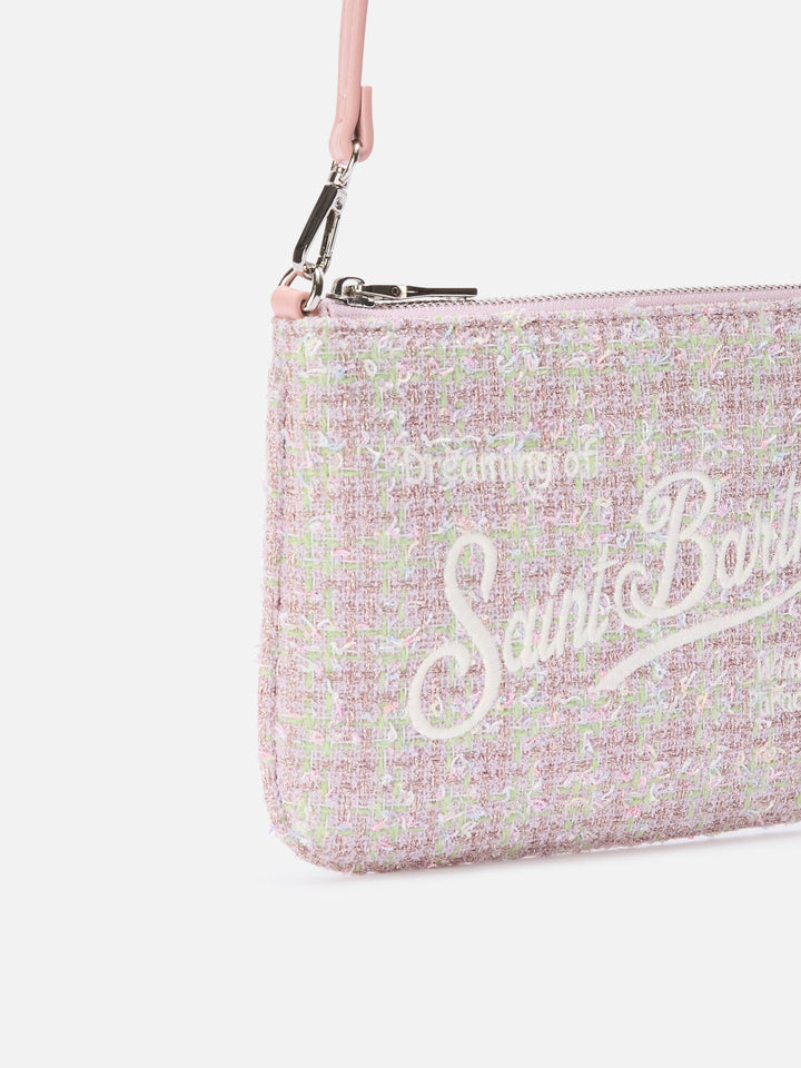 Pink Mini Parisienne tweed shoulder bag with logo embroidery