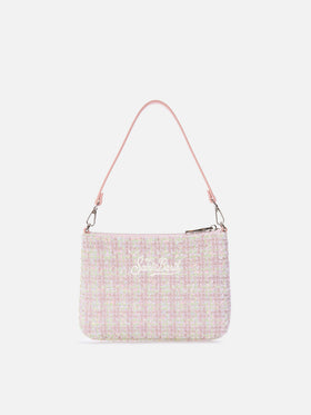 Borsa a spalla Mini Parisienne rosa in tweed con ricamo logo