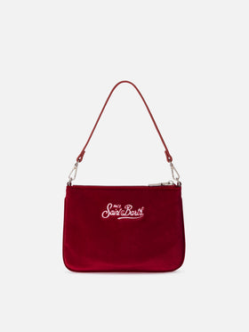 Borsa a spalla Mini Parisienne bordeaux in velluto con ricamo logo
