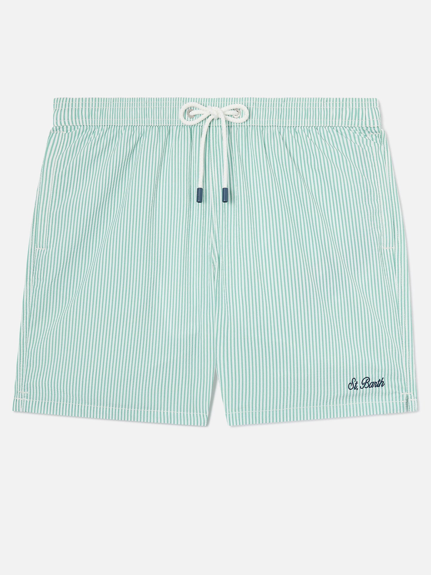 Patmos Badeshorts aus gestreiftem Seersucker in Salbeigrün und Weiß 