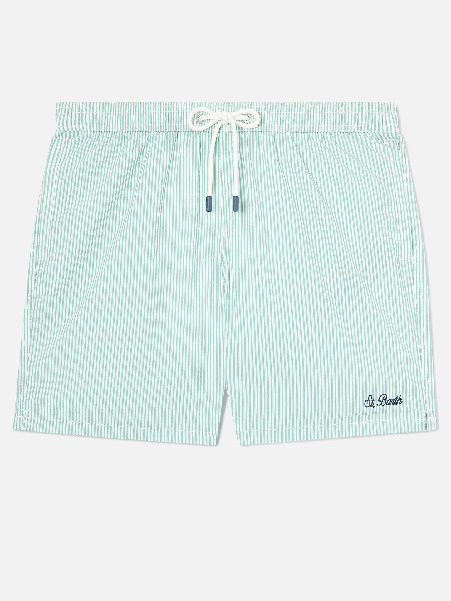 Patmos seersucker striped swim shorts in sage green and white