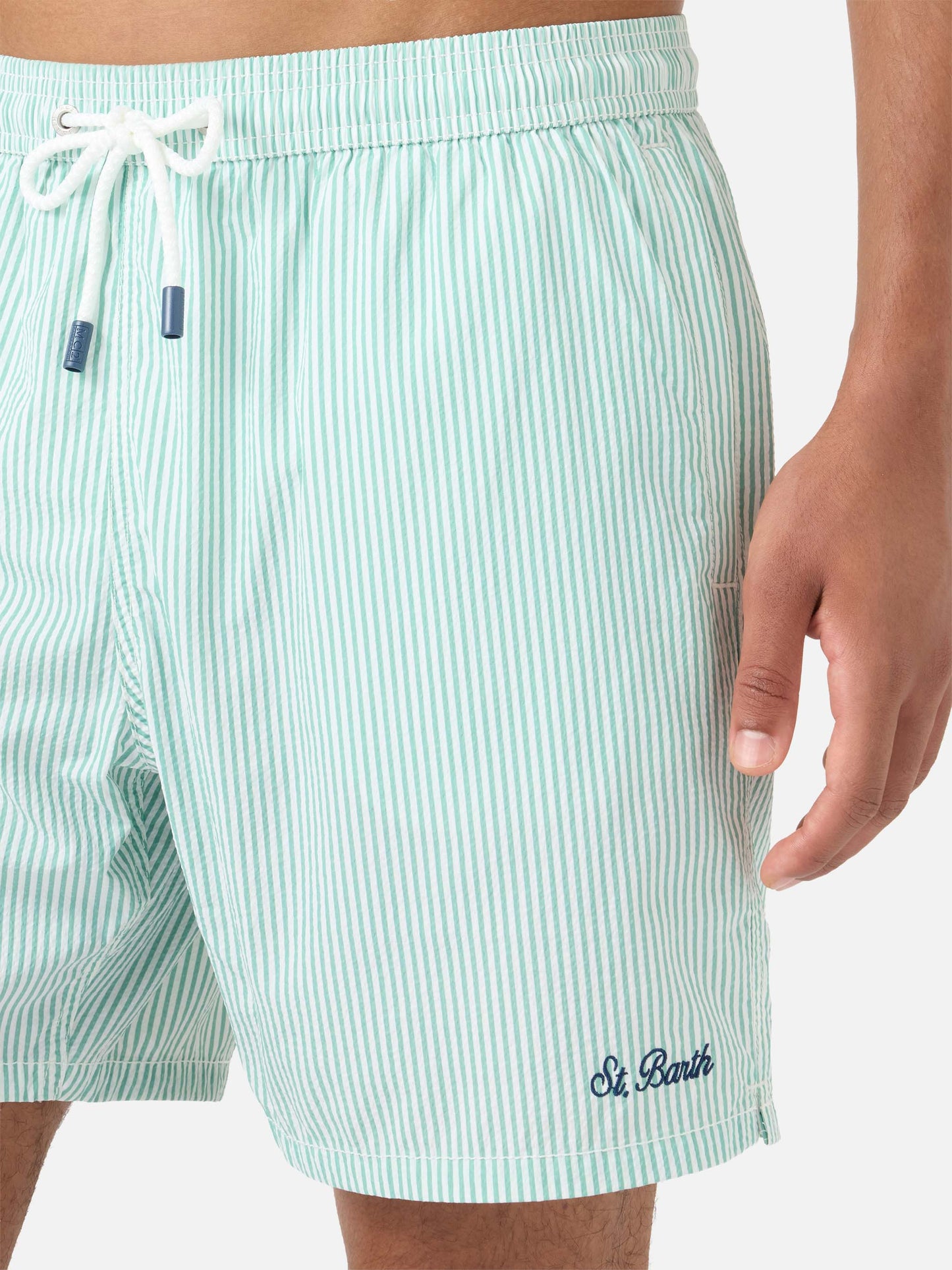 Patmos seersucker striped swim shorts in sage green and white