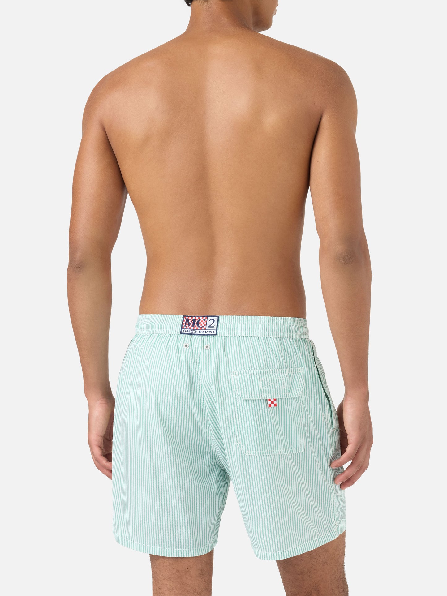Patmos seersucker striped swim shorts in sage green and white