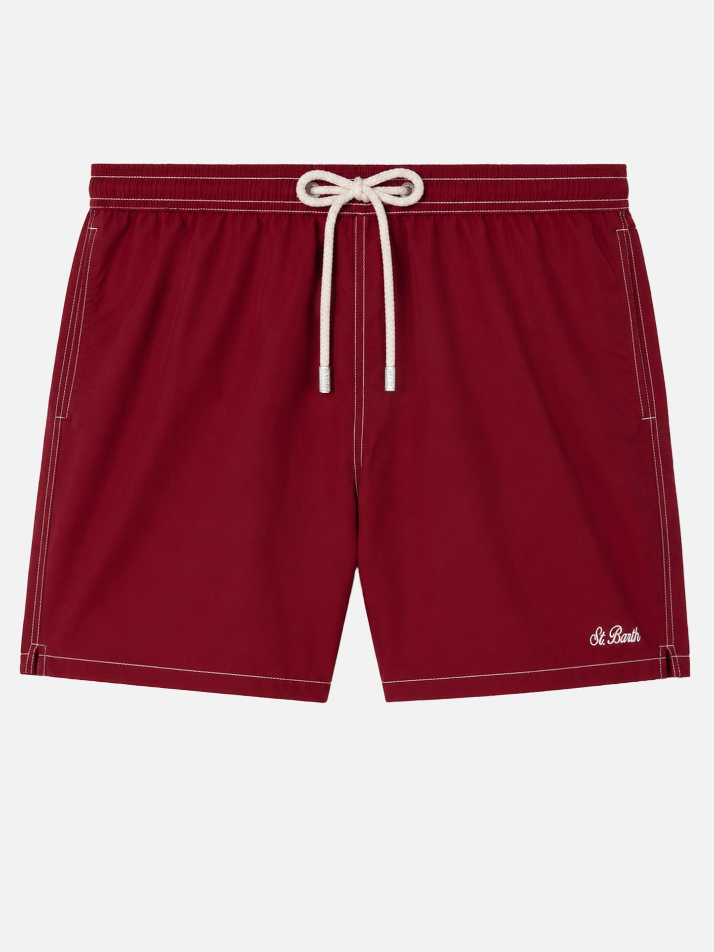 Burgunderfarbene, mittellange, klassische, leichte Badeshorts von Patmos