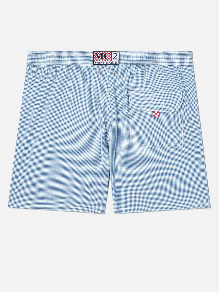 Patmos seersucker gingham swim shorts in blue and white