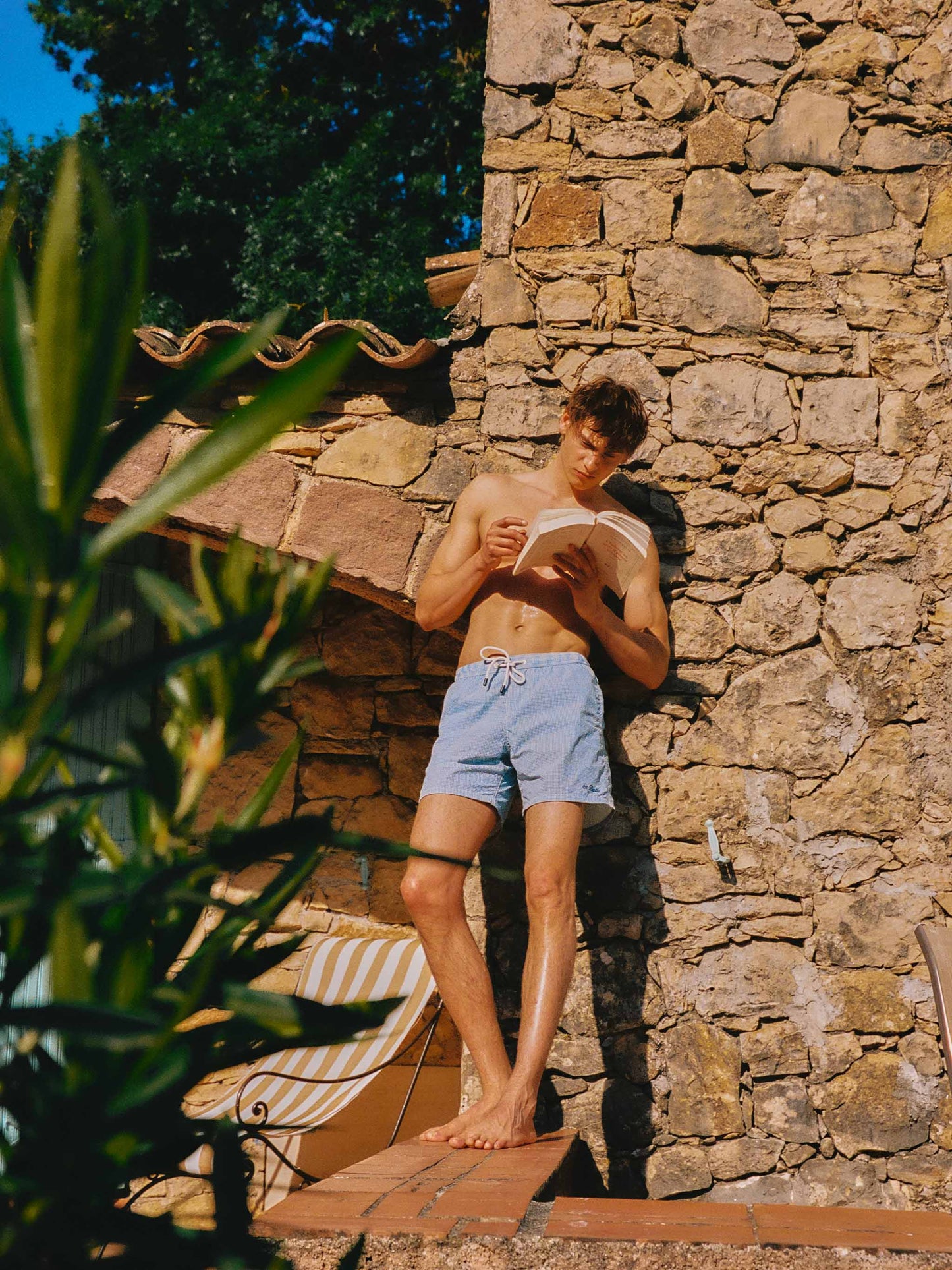 Patmos seersucker gingham swim shorts in blue and white