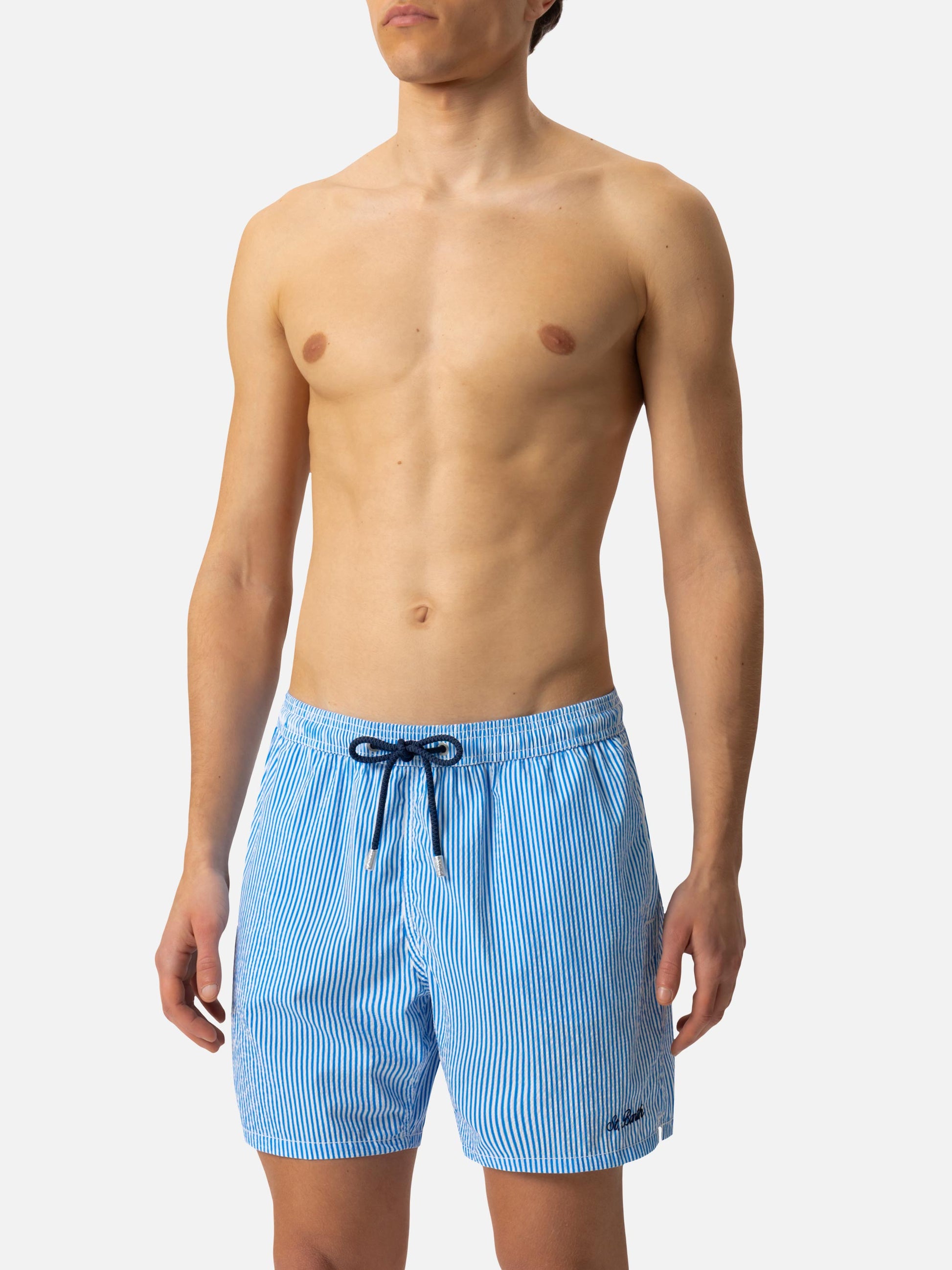 Seersucker bluette striped classic light swim shorts Patmos - MC2 Saint Barth