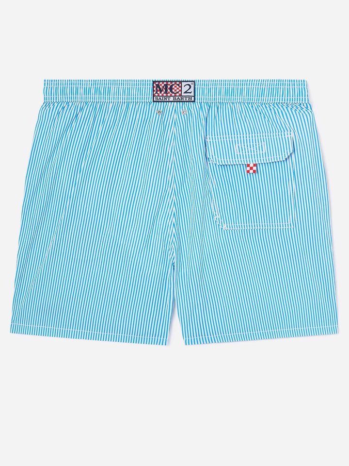 Short de bain rayé en seersucker Patmos en bluette et blanc 