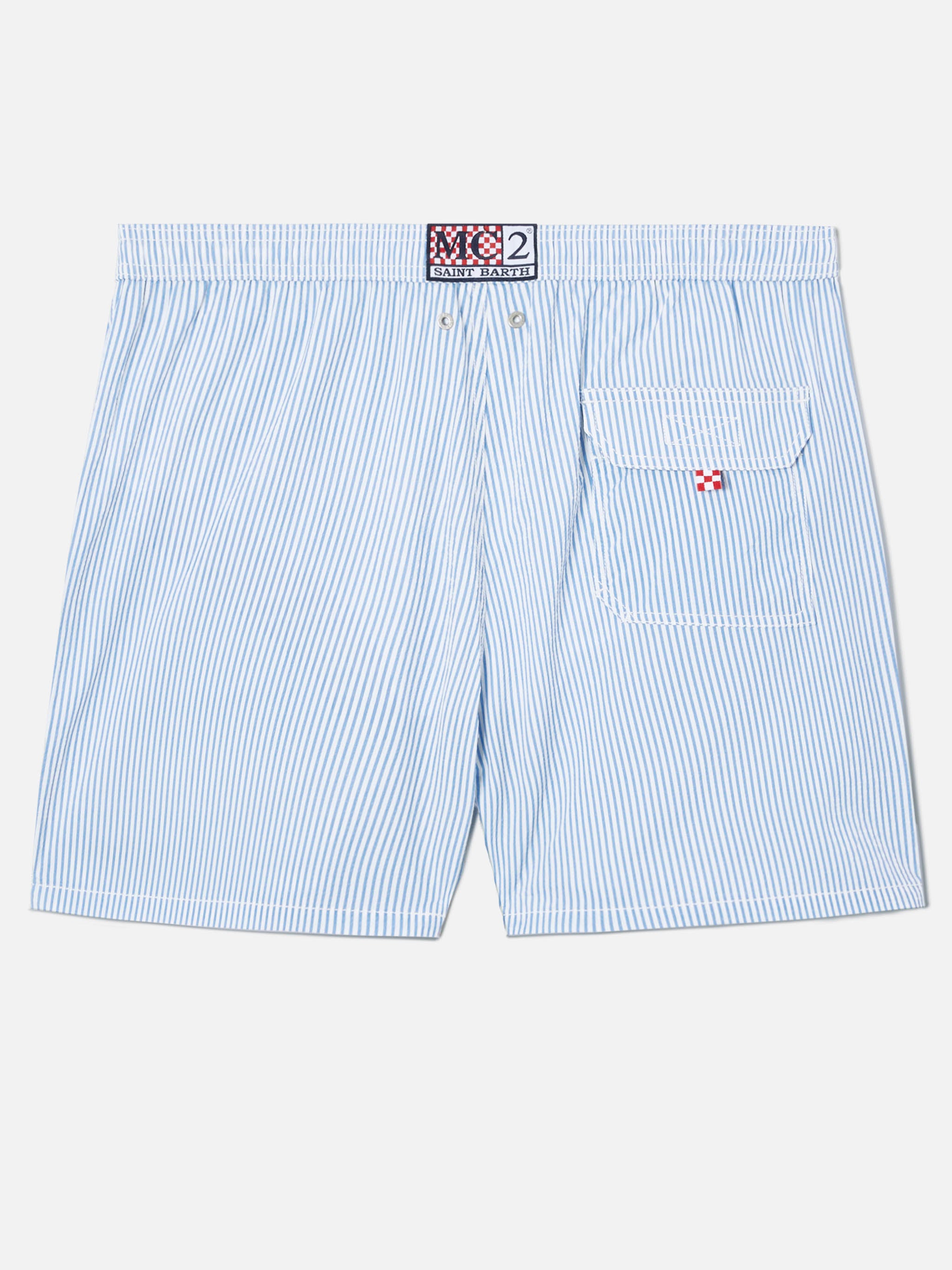 Patmos seersucker striped swim shorts in blue and white – MC2