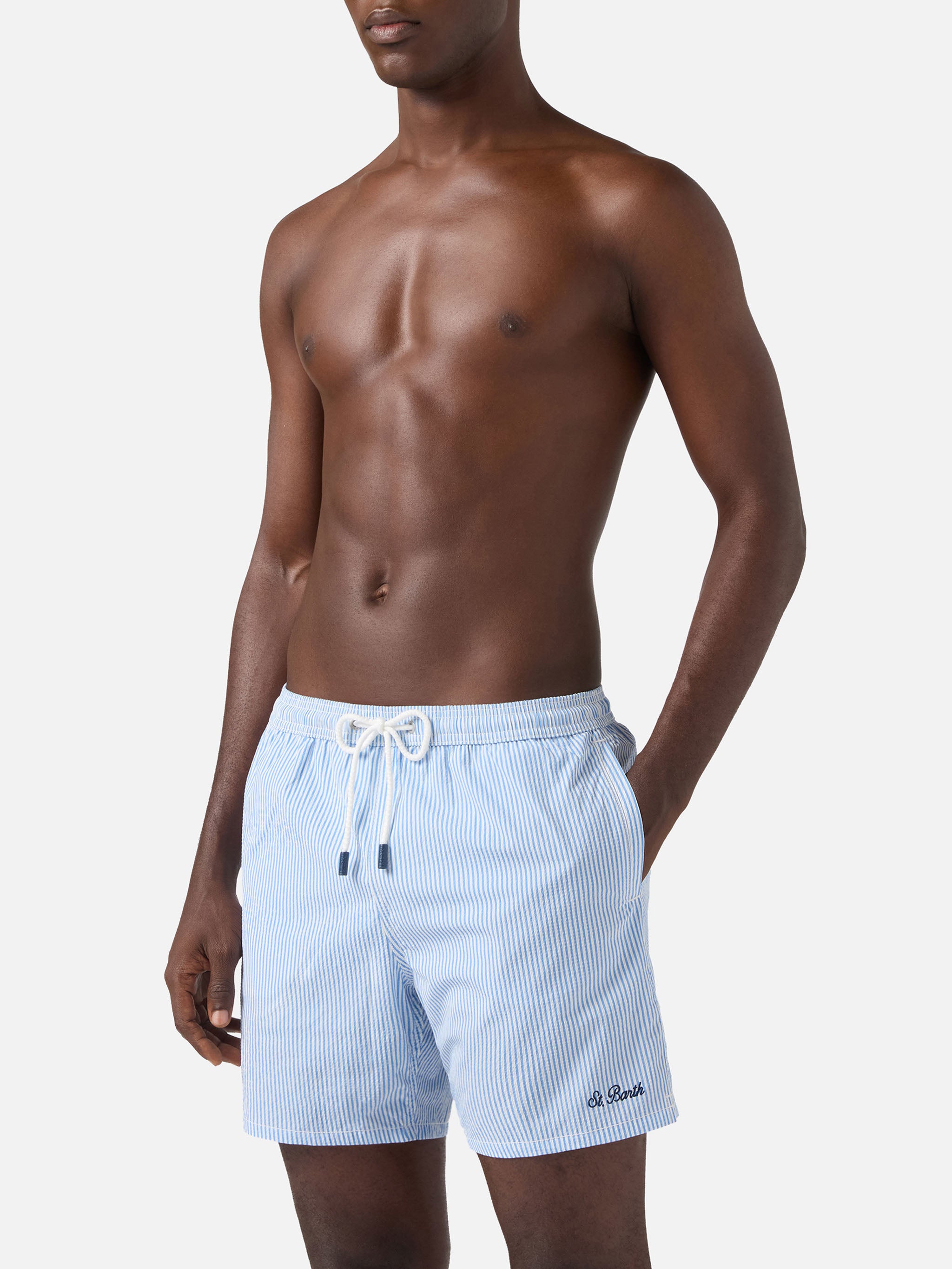 Patmos seersucker striped swim shorts in blue and white – MC2