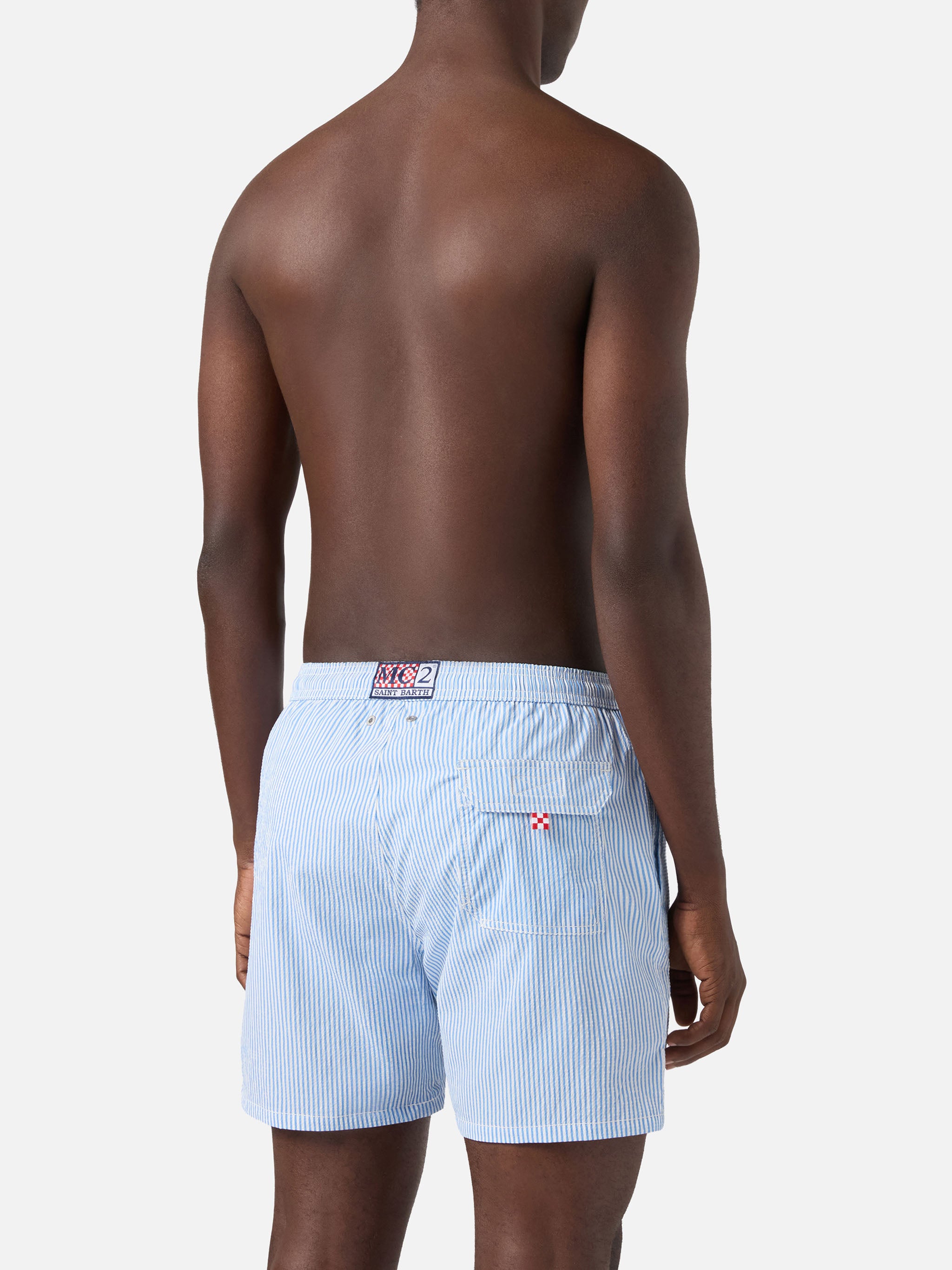 Patmos seersucker striped swim shorts in blue and white – MC2