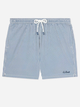 Gestreifte Patmos Badeshorts aus Seersucker in Navyblau und Weiß 