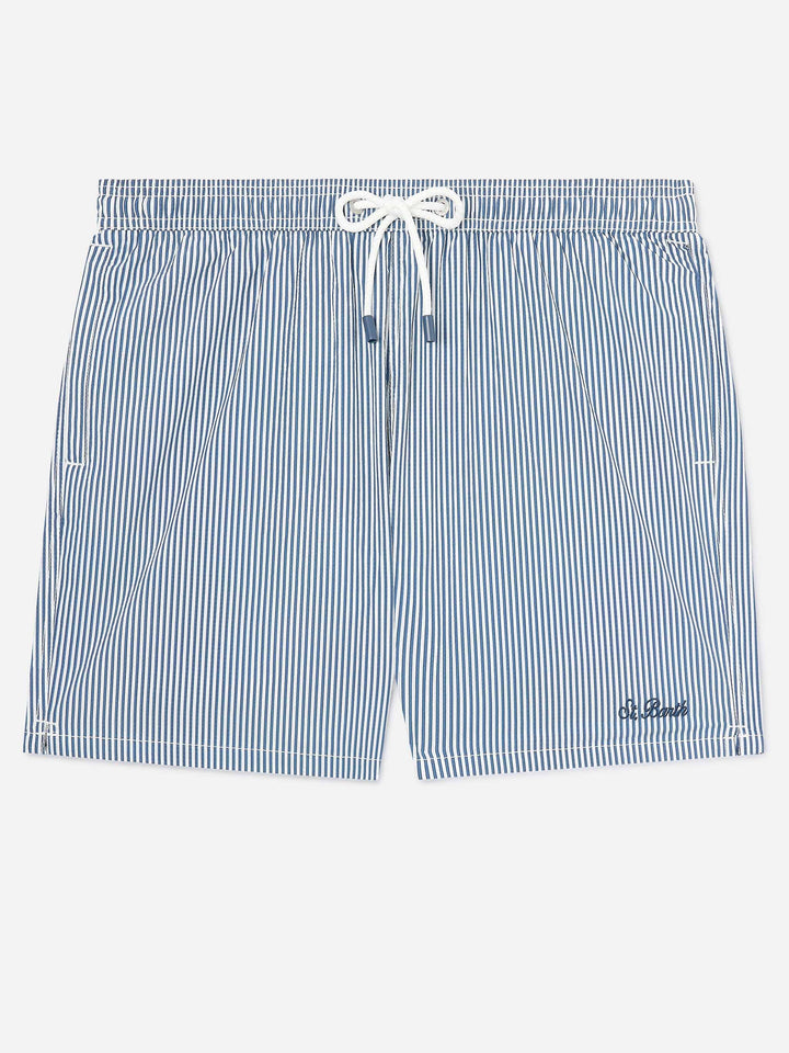 Patmos seersucker striped swim shorts in navy blue and white