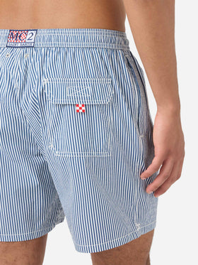 Gestreifte Patmos Badeshorts aus Seersucker in Navyblau und Weiß 