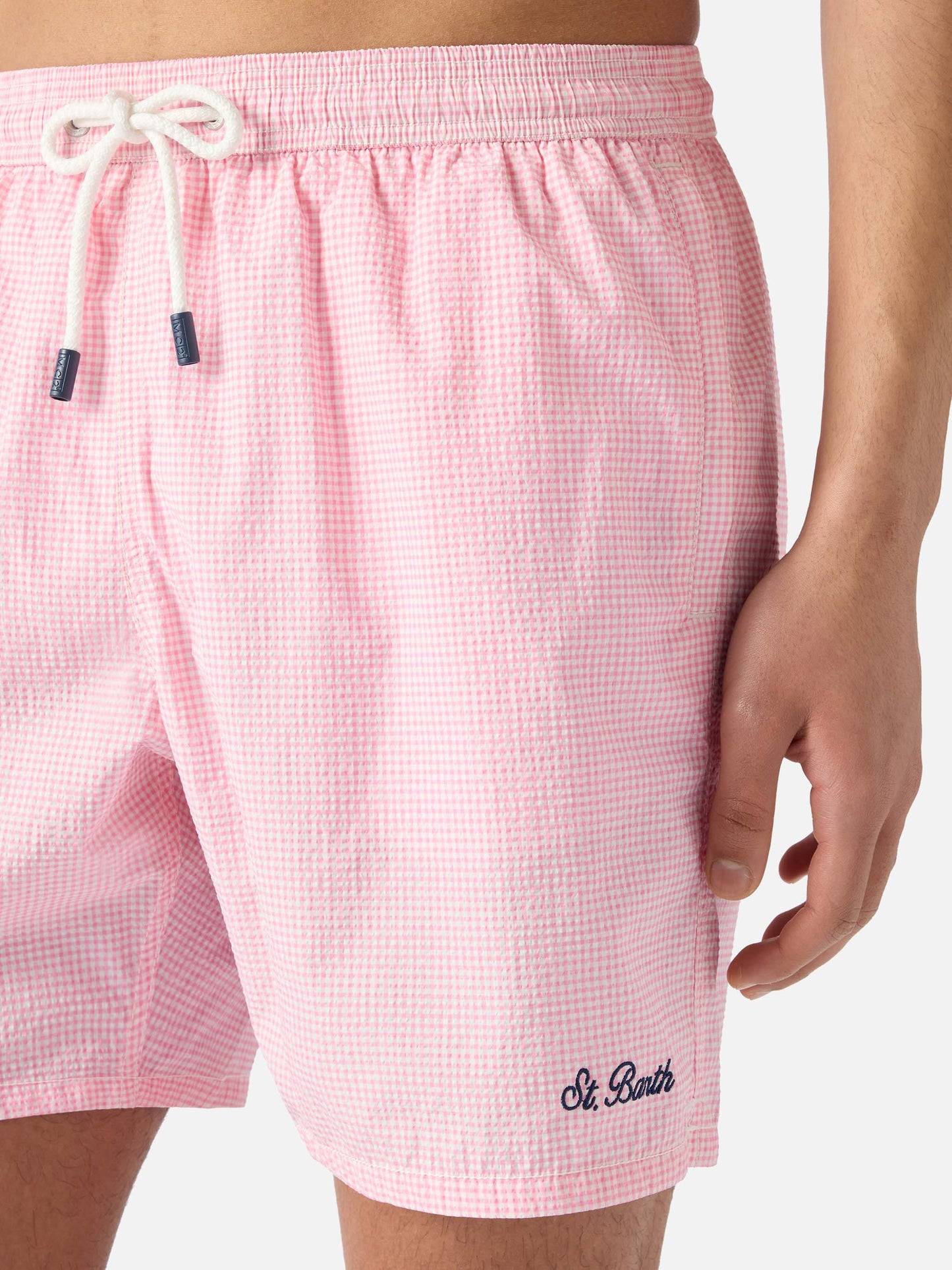 Patmos seersucker gingham swim shorts in pink and white