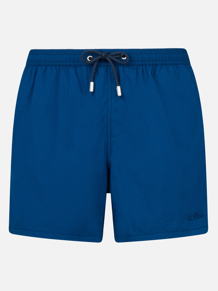 Costume classico leggero Patmos in seersucker a righe blu navy
